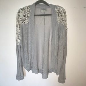 Light gray/blue knit cardigan with lace applique